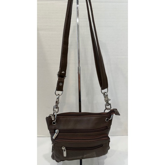 Handbags - Brown Leather Small Multi-Pocket Pebbled Crossbody Organizer Bag Purse